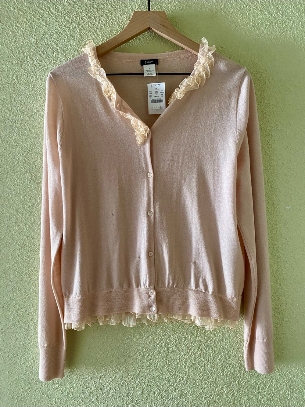 J. Crew Pale Pink Ruffle-Trim Button Cardigan